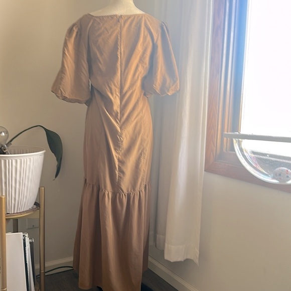 Free People High Low Tobacco Tan Brown Puff Sleeve MIDI Dress size Large - Picture 13 of 15
